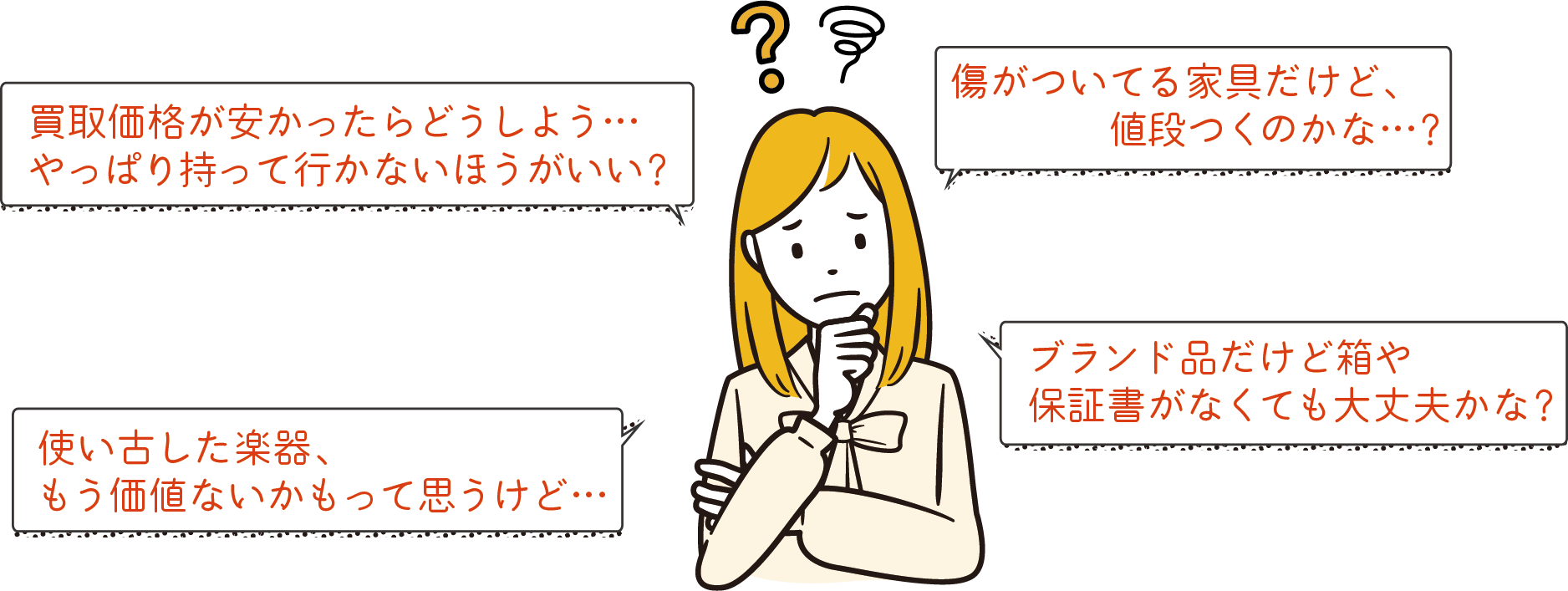 出張買取するか悩んでいる女性